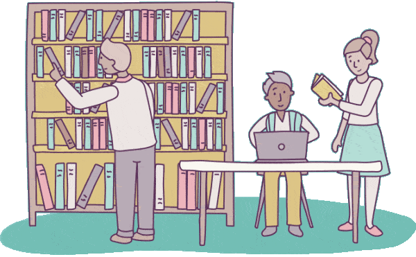 animated illustration of a library and three peiople doing research with booksand a laptop